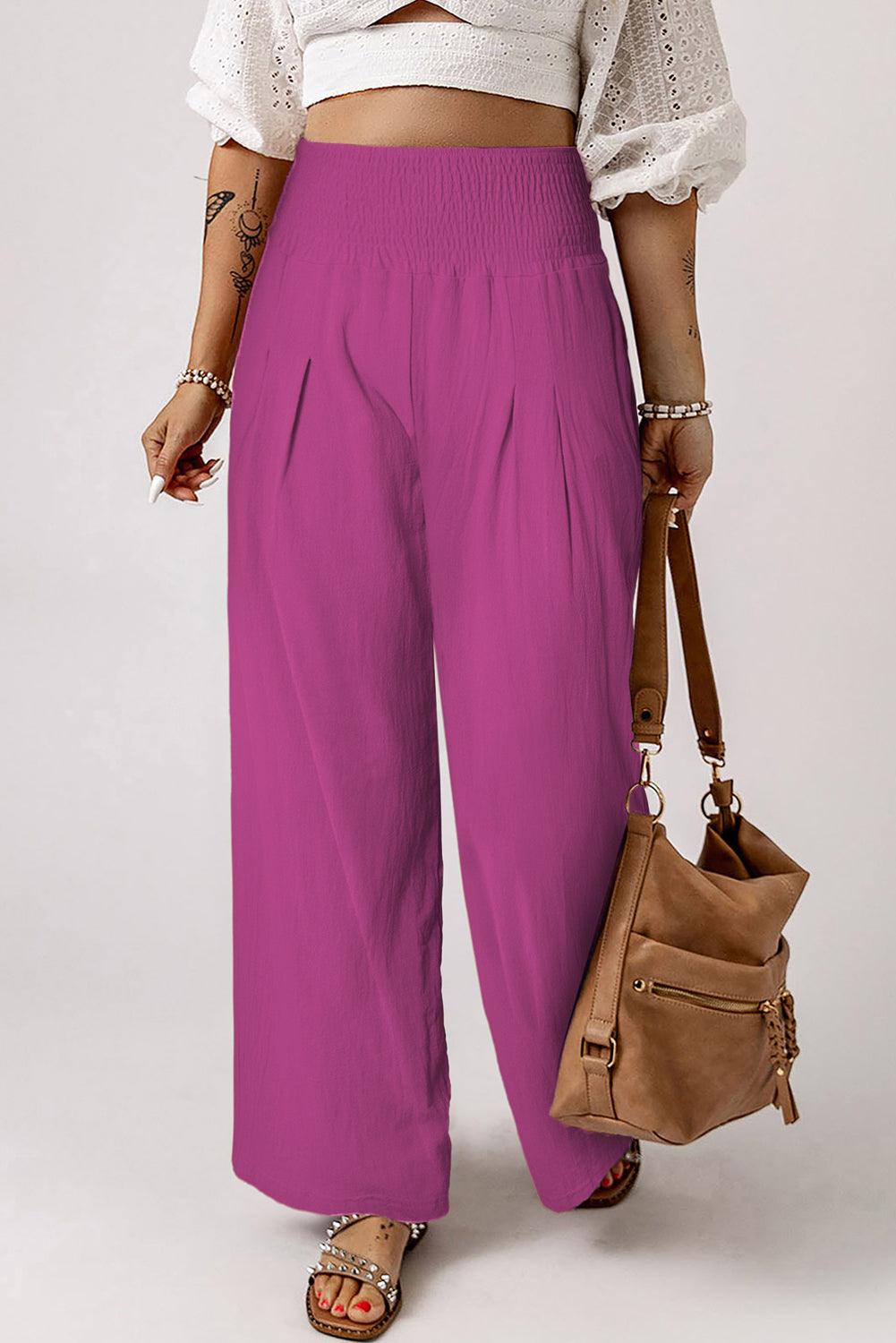 Khaki Smocked Wide Waistband High Waist Wide Leg Pants - L & M Kee, LLC