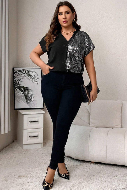 Black Plus Size Sequined Patchwork V Neck Tee - L & M Kee, LLC