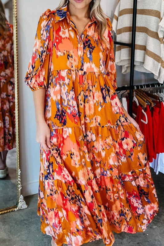 Orange Abstract Print Pleated Half Sleeve Buttoned Maxi Dress - L & M Kee, LLC