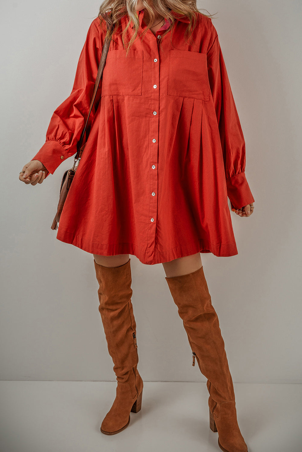 Tomato Red Bishop Sleeve Button Up Pleated Mini Shirt Dress