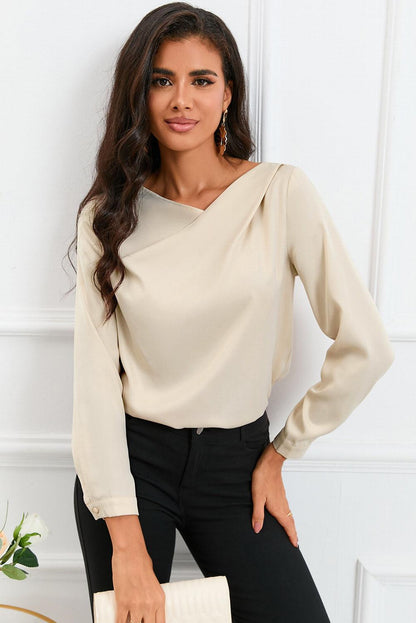 Solid Asymmetric V Neck Long Sleeve Satin Blouse - L & M Kee, LLC