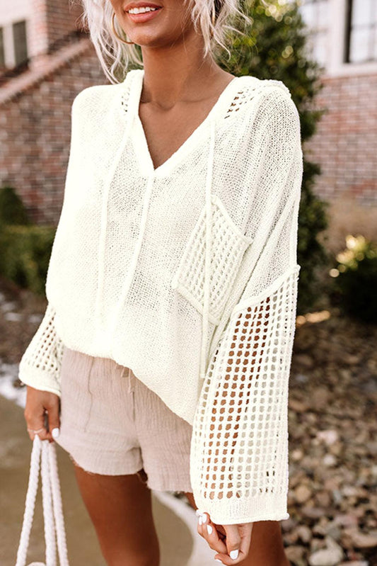 White Open Knit Long Sleeve Pocketed Hooded Sweater - L & M Kee, LLC
