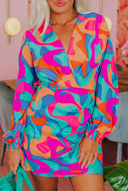 Multicolor Abstract Print Wrap V Neck Puff Sleeve Dress - L & M Kee, LLC