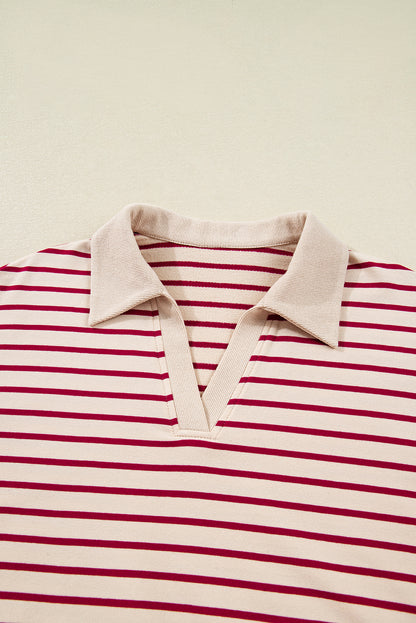 Red Stripe Cropped Collared Drop Shoulder Pullover and Bubble Mini Skirt Set