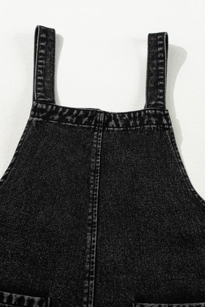 Black Distressed Bib Pocket Wide Leg Denim Overall