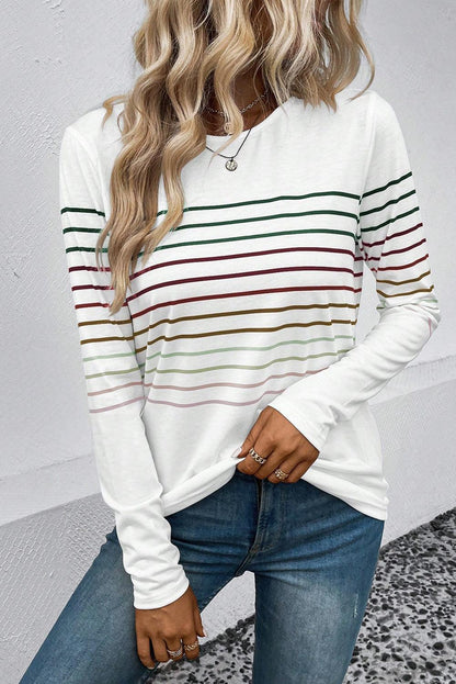 Multicolor Striped Crew Neck Long Sleeve Top - L & M Kee, LLC