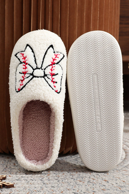 White Bow Knot Rugby Pattern Plush Warm Slippers