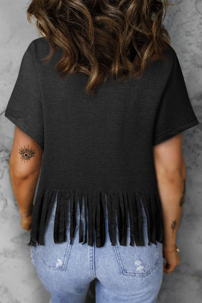 Black Sequined Disco Ball Fringed V Neck T Shirt - L & M Kee, LLC