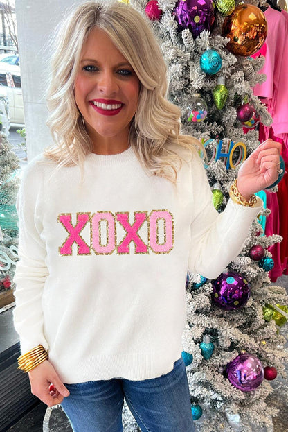 White XOXO Glitter Print Round Neck Casual Sweater - L & M Kee, LLC