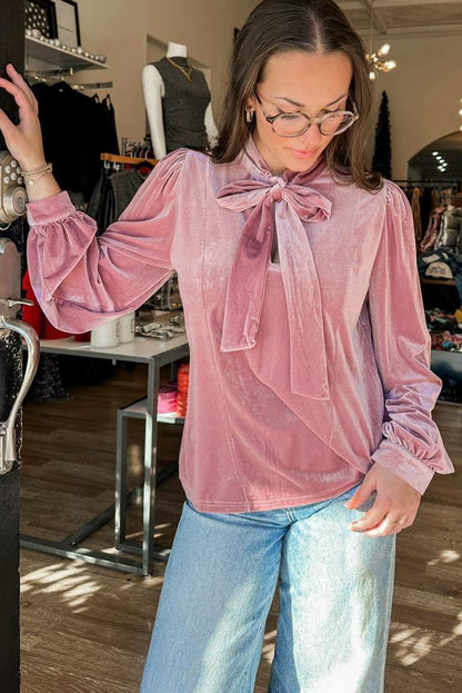 Fushia Solid Color Velvet Ribbon Bow Knot Long Sleeve Blouse