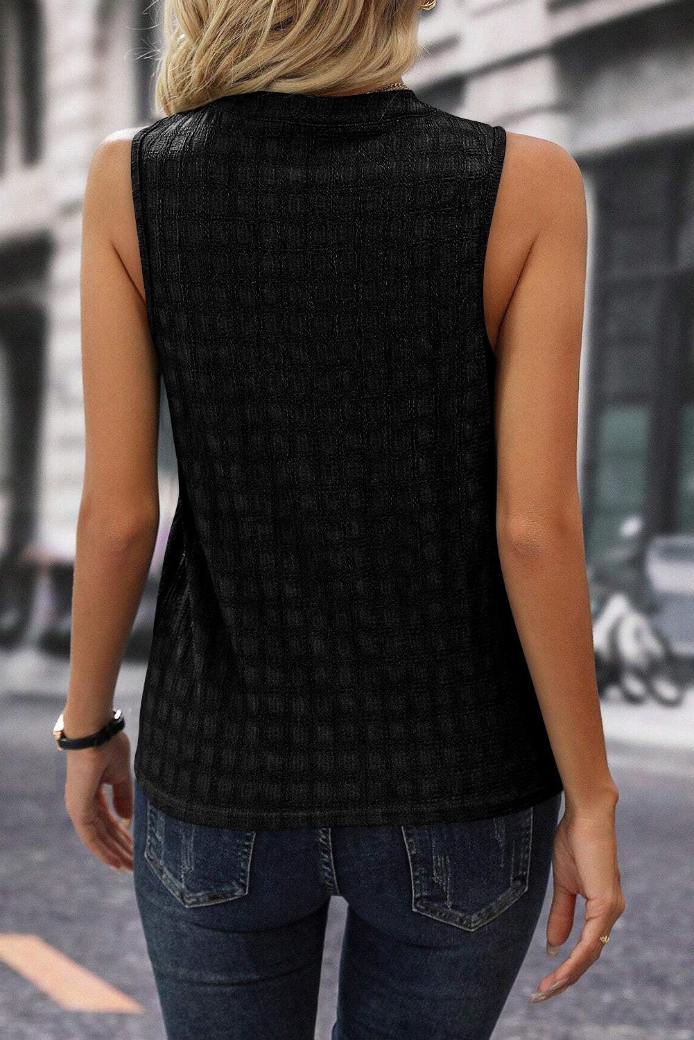 Black Lattice Textured Split Neck Tank Top - L & M Kee, LLC