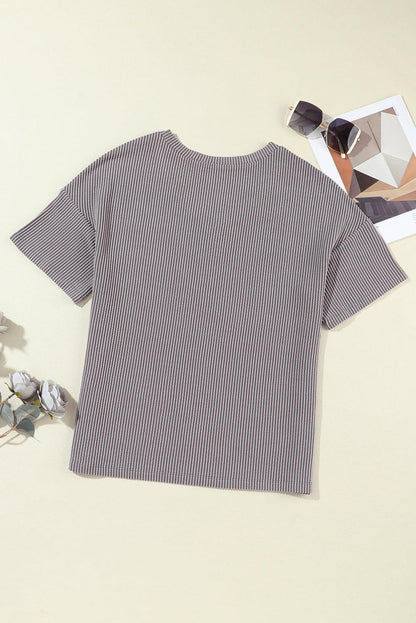 Light Grey Corded V Neck Chest Pocket Loose T-shirt - L & M Kee, LLC