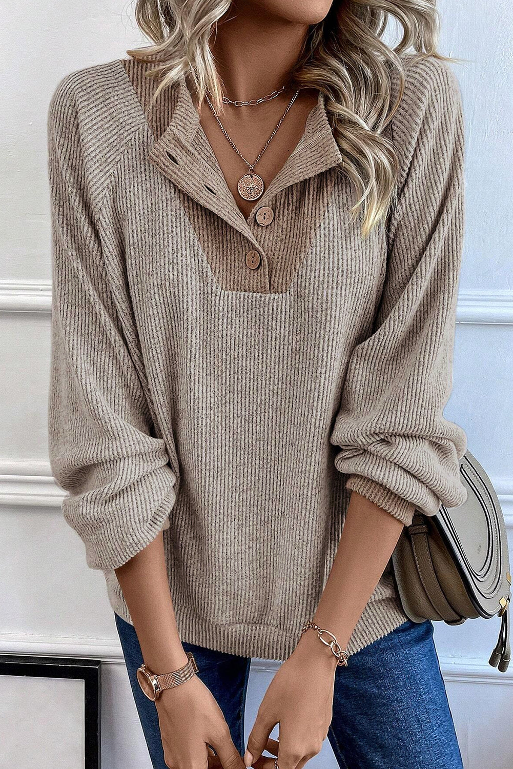 Light Grey Color Contrast Ribbed Loose Fit Long Sleeve Top