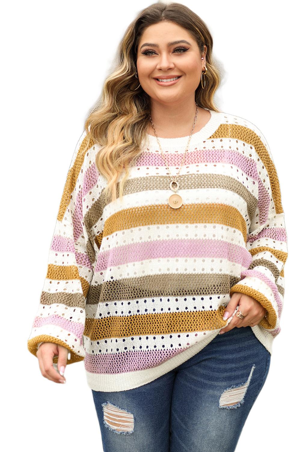 Multicolor Plus Size Striped Hollowed Knitted Loose Sweater - L & M Kee, LLC