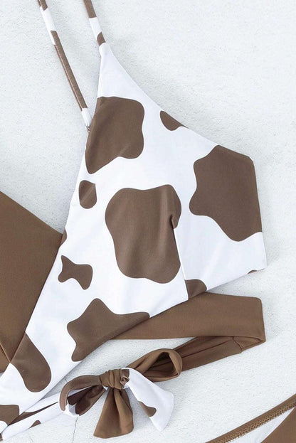 Coffee Contrast Cow Pattern Crossed Bikini - L & M Kee, LLC