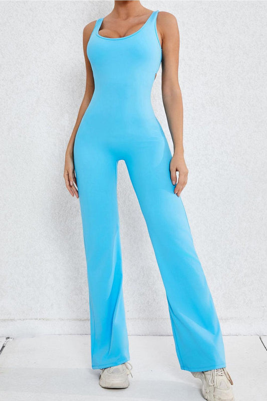 Sky Blue Solid Cut Out Backless Wide Leg Yoga Jumpsuit