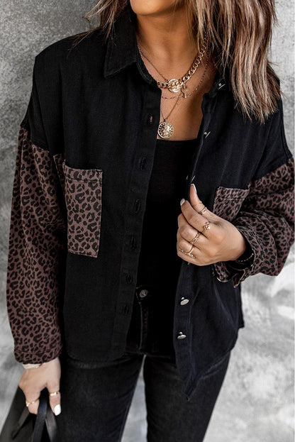 Blank Apparel - Black Contrast Leopard Denim Jacket - L & M Kee, LLC