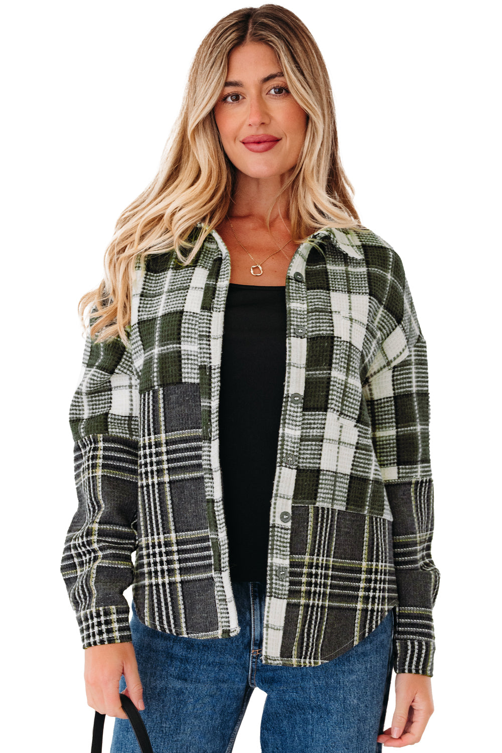 Black Plaid Print Textured Knit Buttoned Shacket