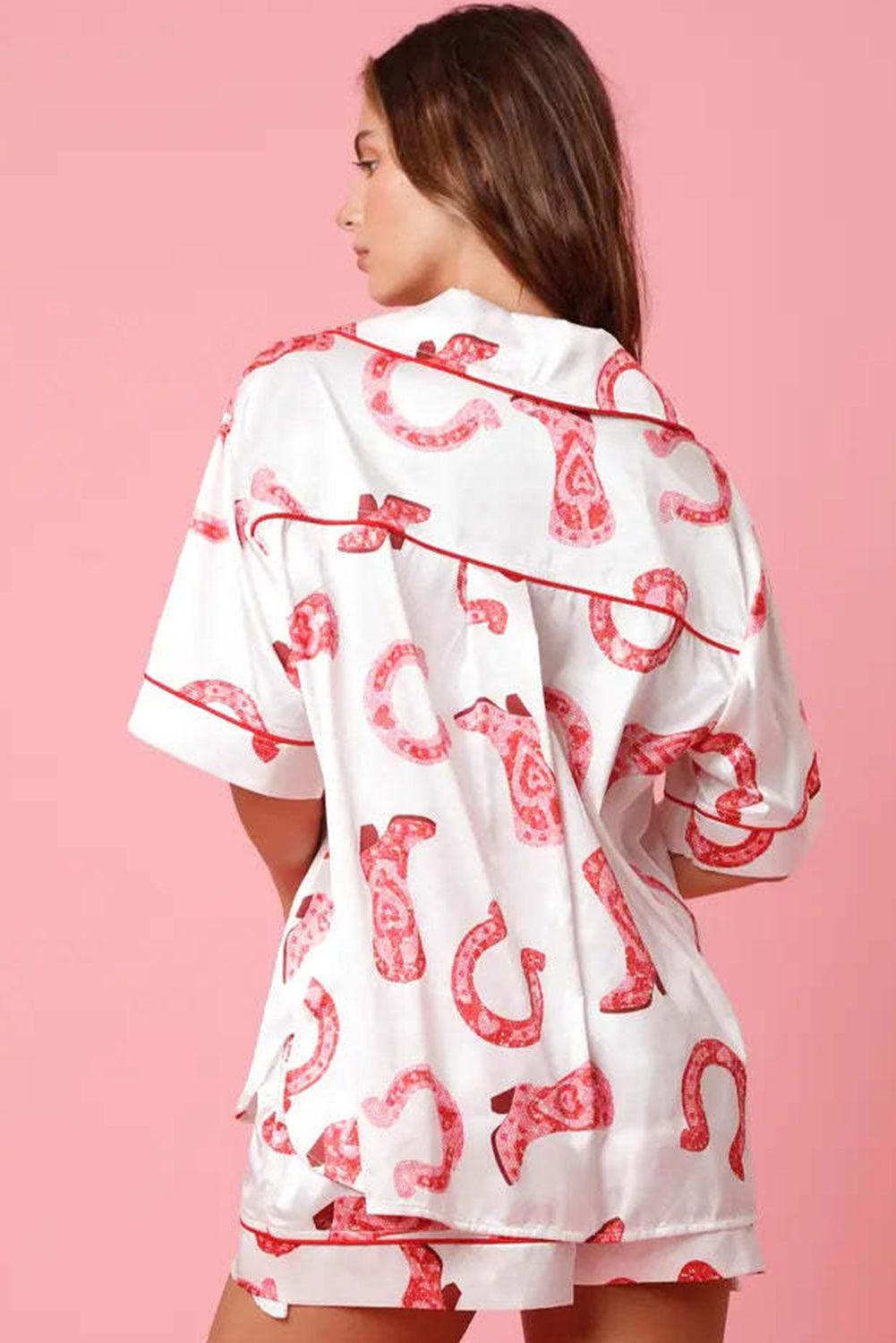 White Full Pattern Shirt and Shorts Satin Pajama Set - L & M Kee, LLC