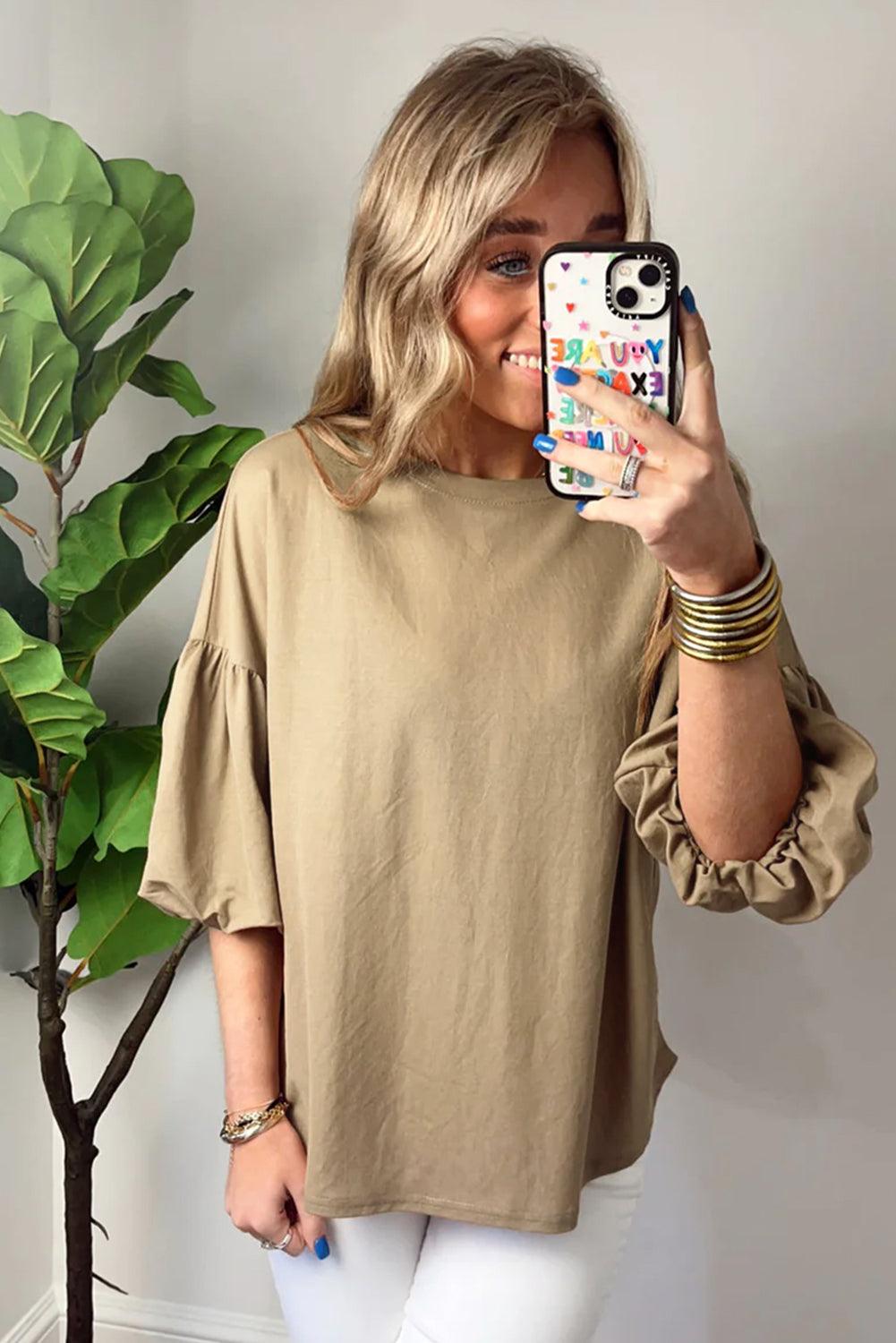 Light French Beige Solid Color Lantern Sleeve Drop Shoulder Blouse - L & M Kee, LLC