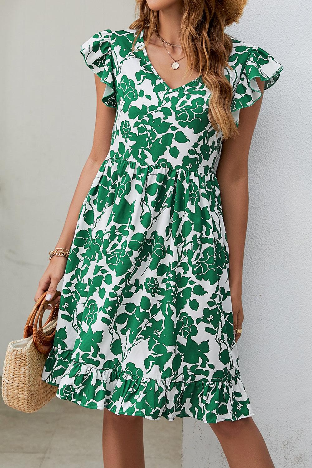 Dark Green Leaf Print V Neck Flutter Sleeve Dress - L & M Kee, LLC