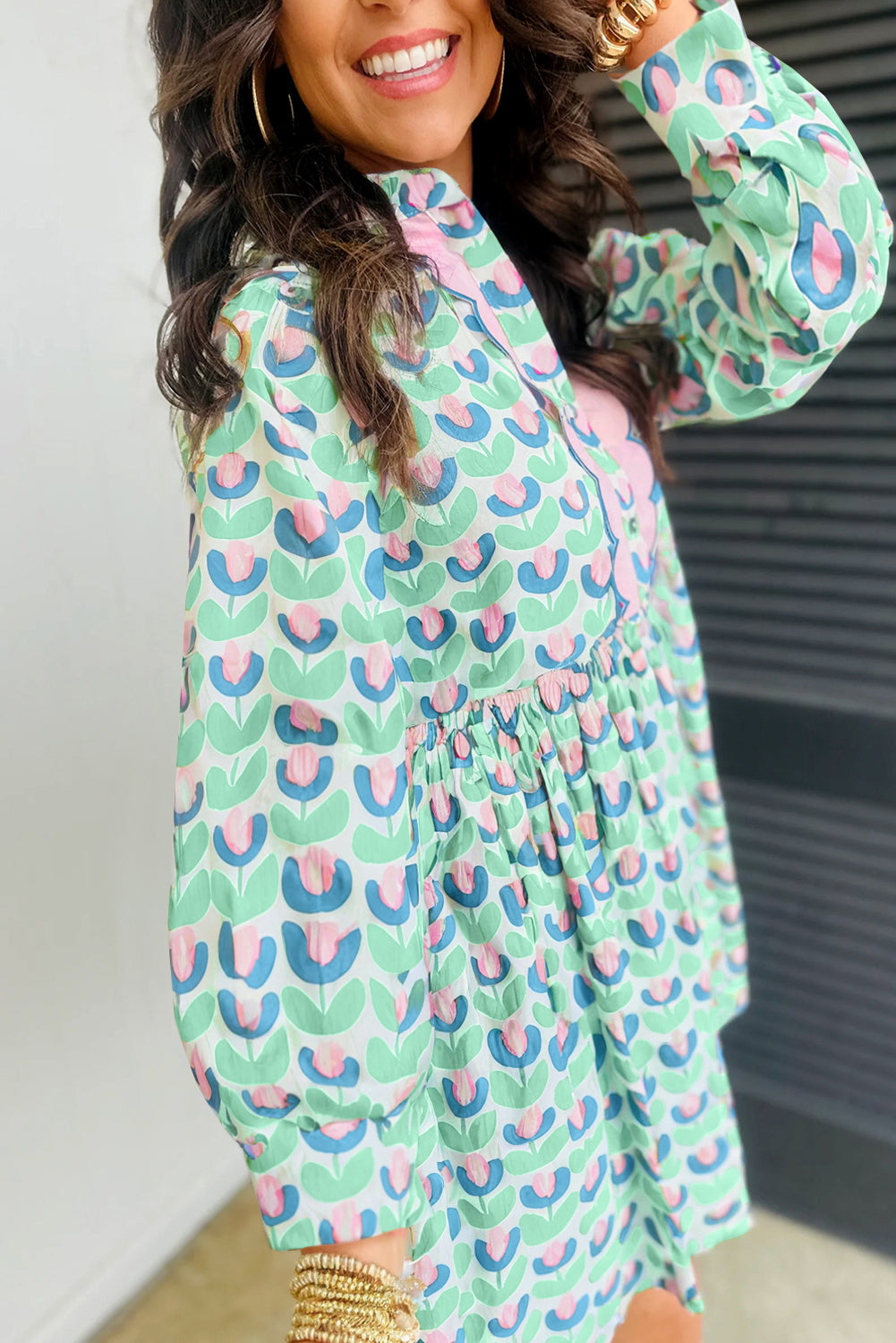 Green Floral Print Notched Neck Scalloped Detail Long Sleeve Mini Dress