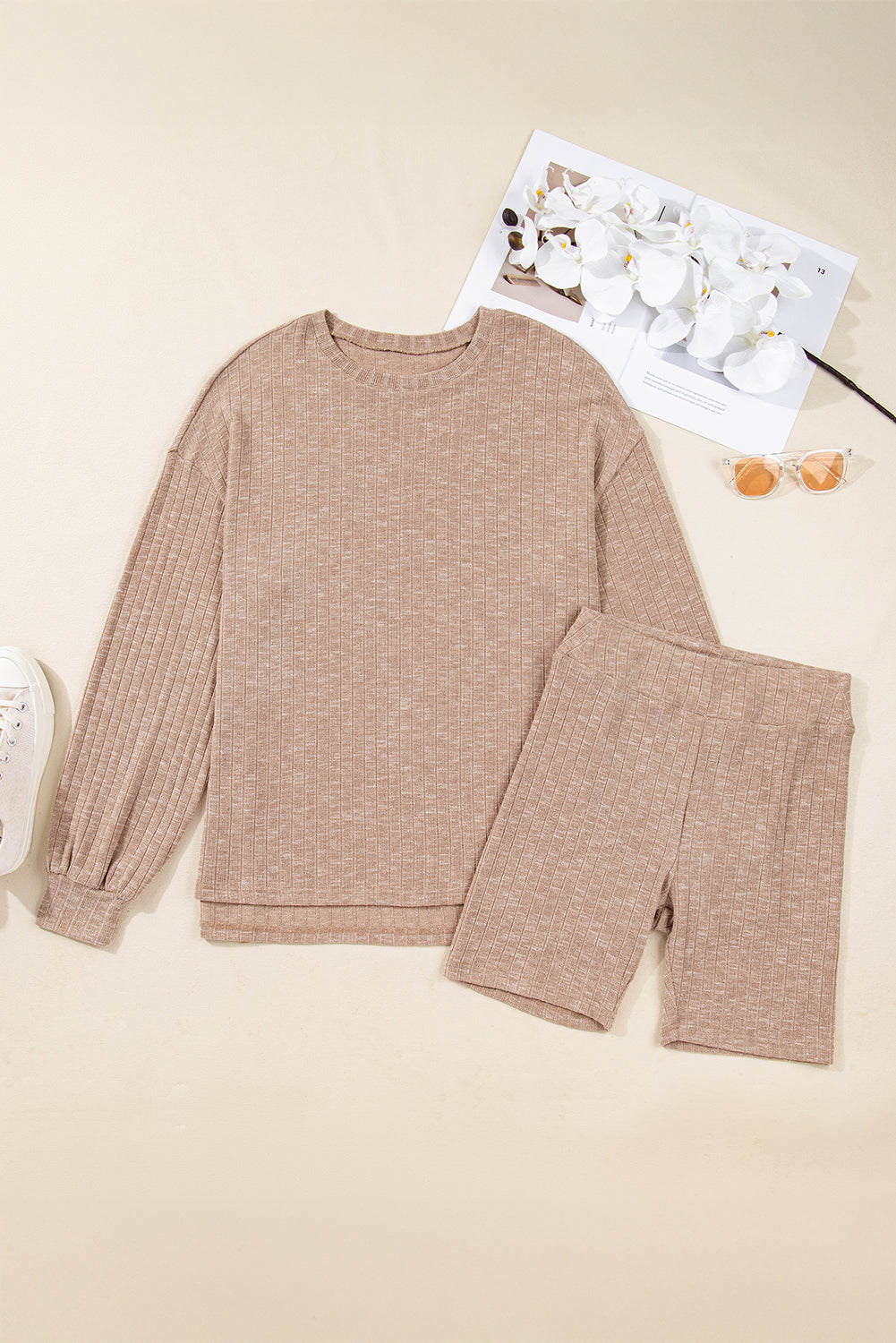 Dark Khaki Ribbed Balloon Sleeve Pullover Top and Biker Knitted Short Set