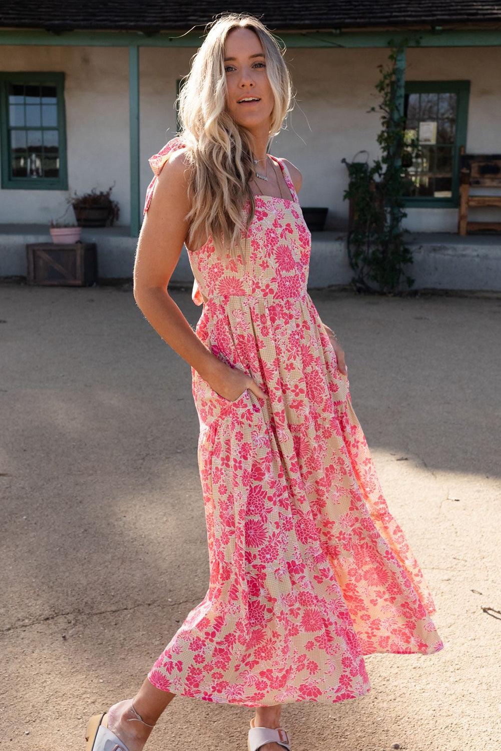 Gingham Floral Tie Shoulder Maxi Dress - L & M Kee, LLC