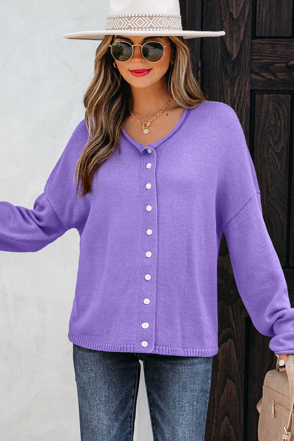 Wisteria Solid Color Knit Button Drop Shoulder Sweater Cardigan