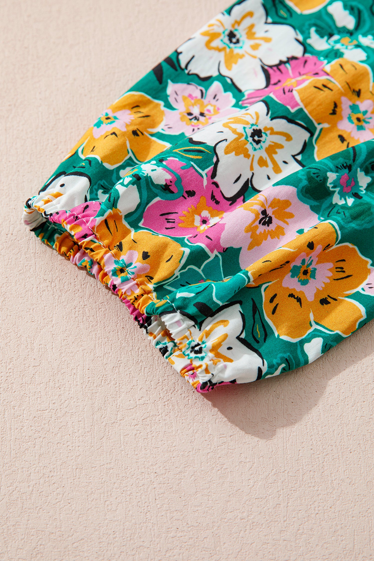 Green Floral Print Contrast Trim Frilled V Neck 3/4 Sleeve Blouse