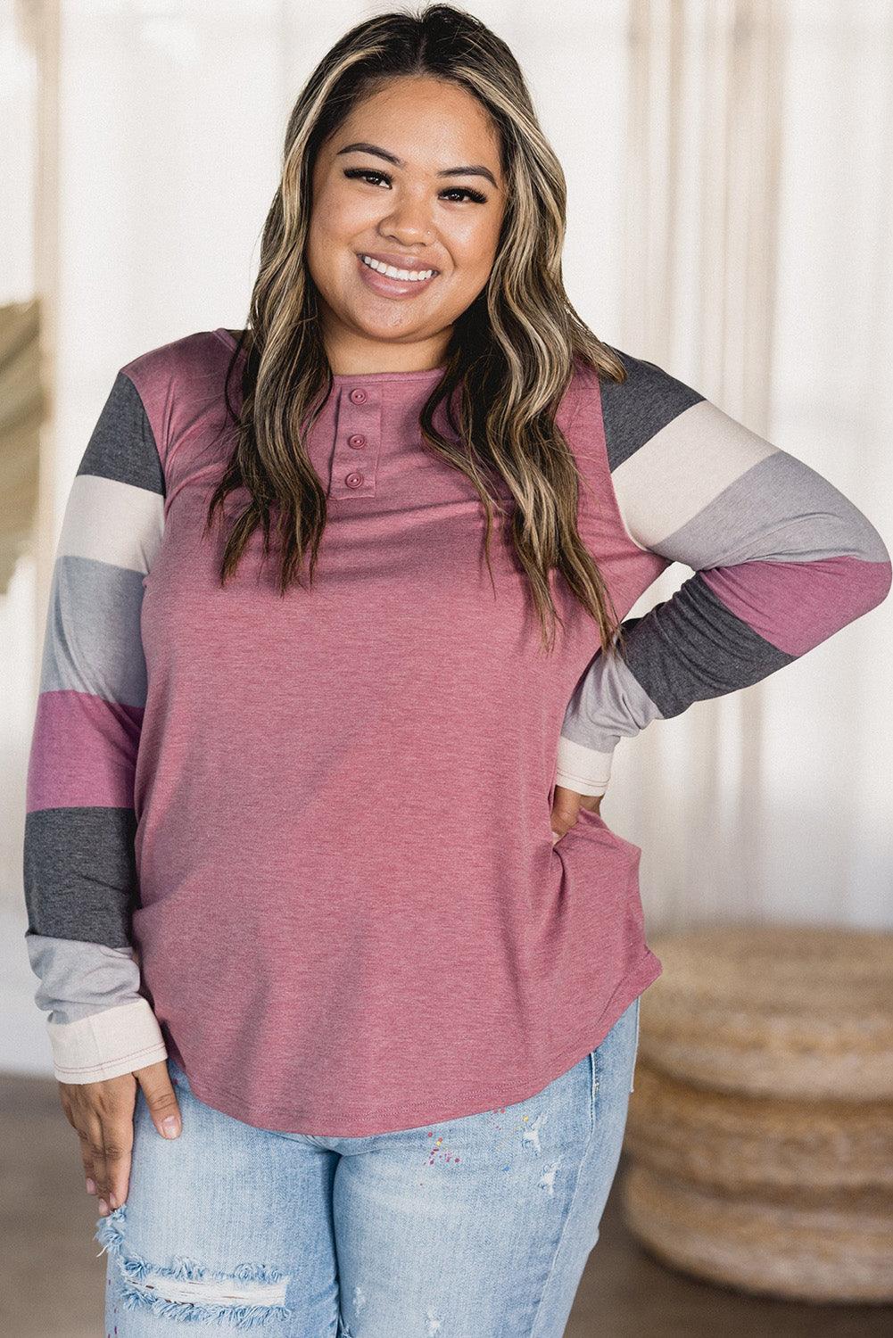 Pink Candy Striping Sleeve Plus Size Top - L & M Kee, LLC