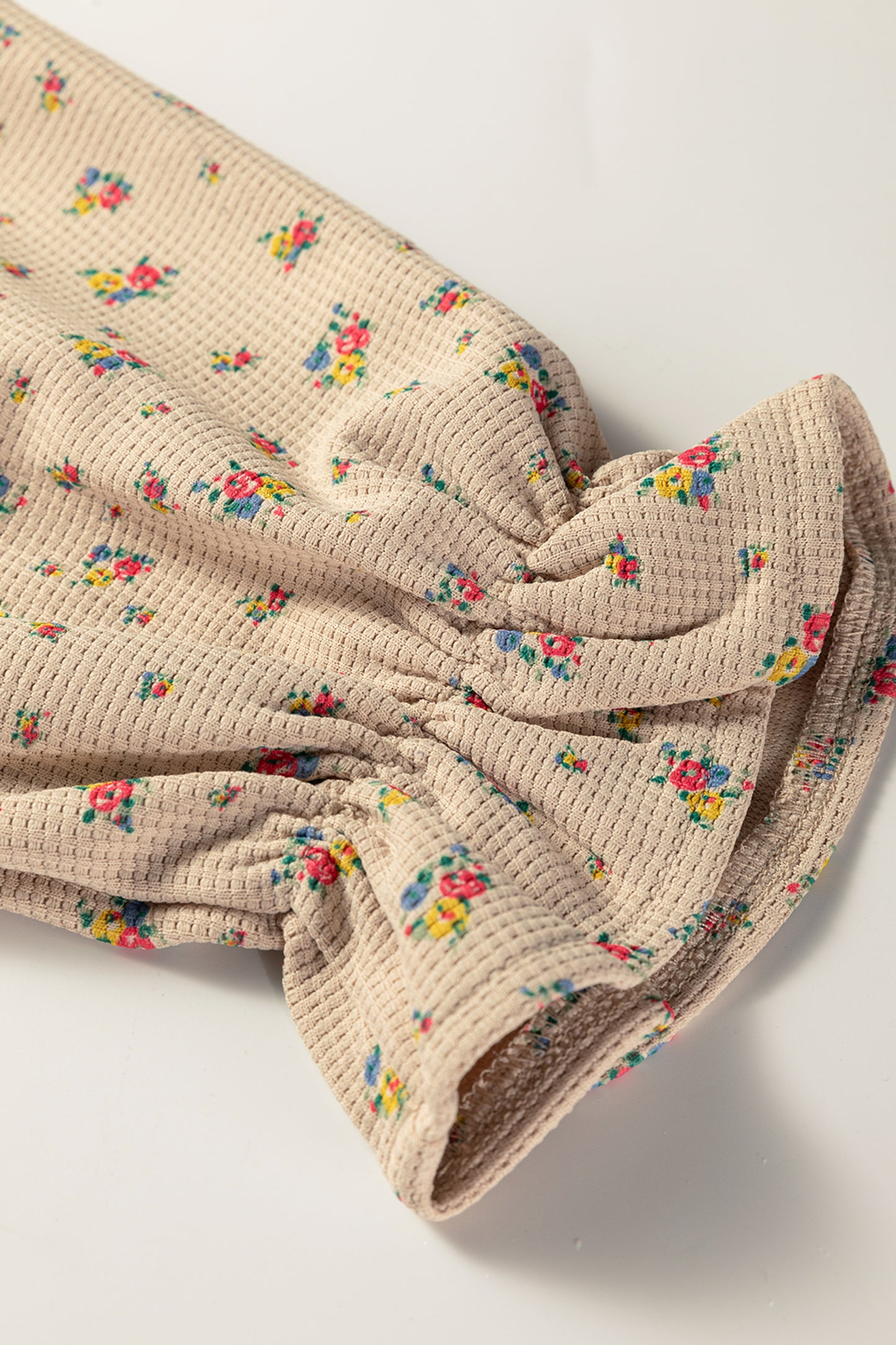 Mist Green Boho Floral Plaid Patchwork Distressed Detail Ruffled Sleeve Waffle Knit Shacket