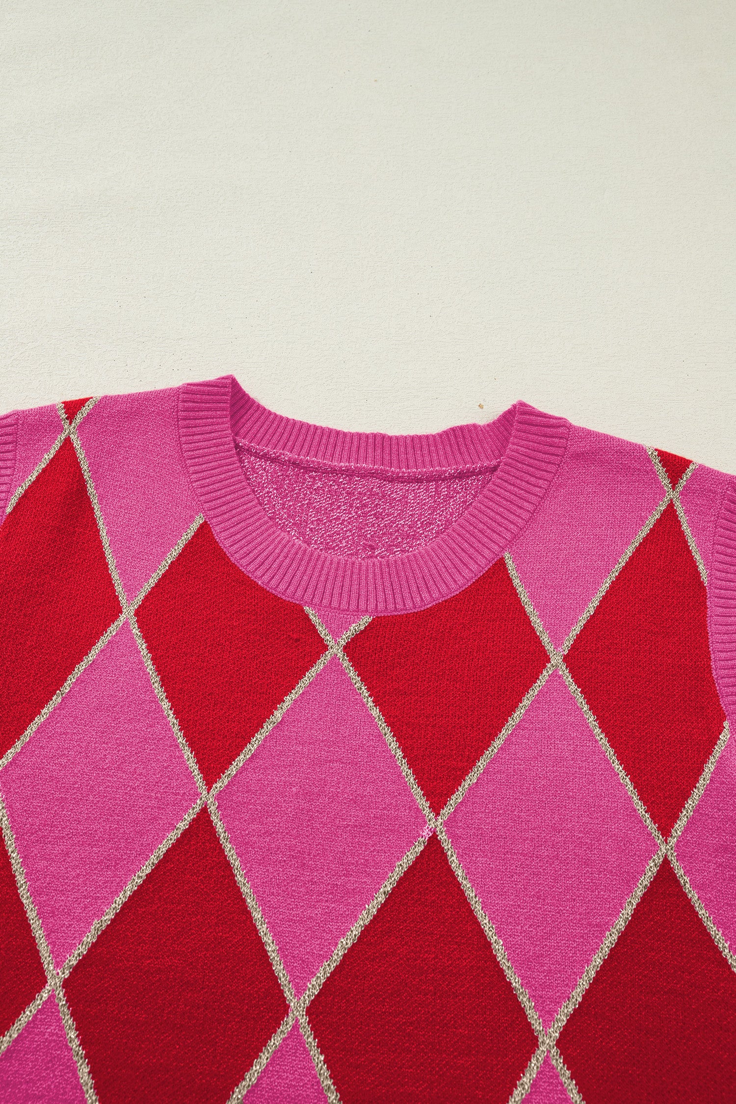 Rose Glitter Trim Rhombus Pattern Knit Sweater Vest