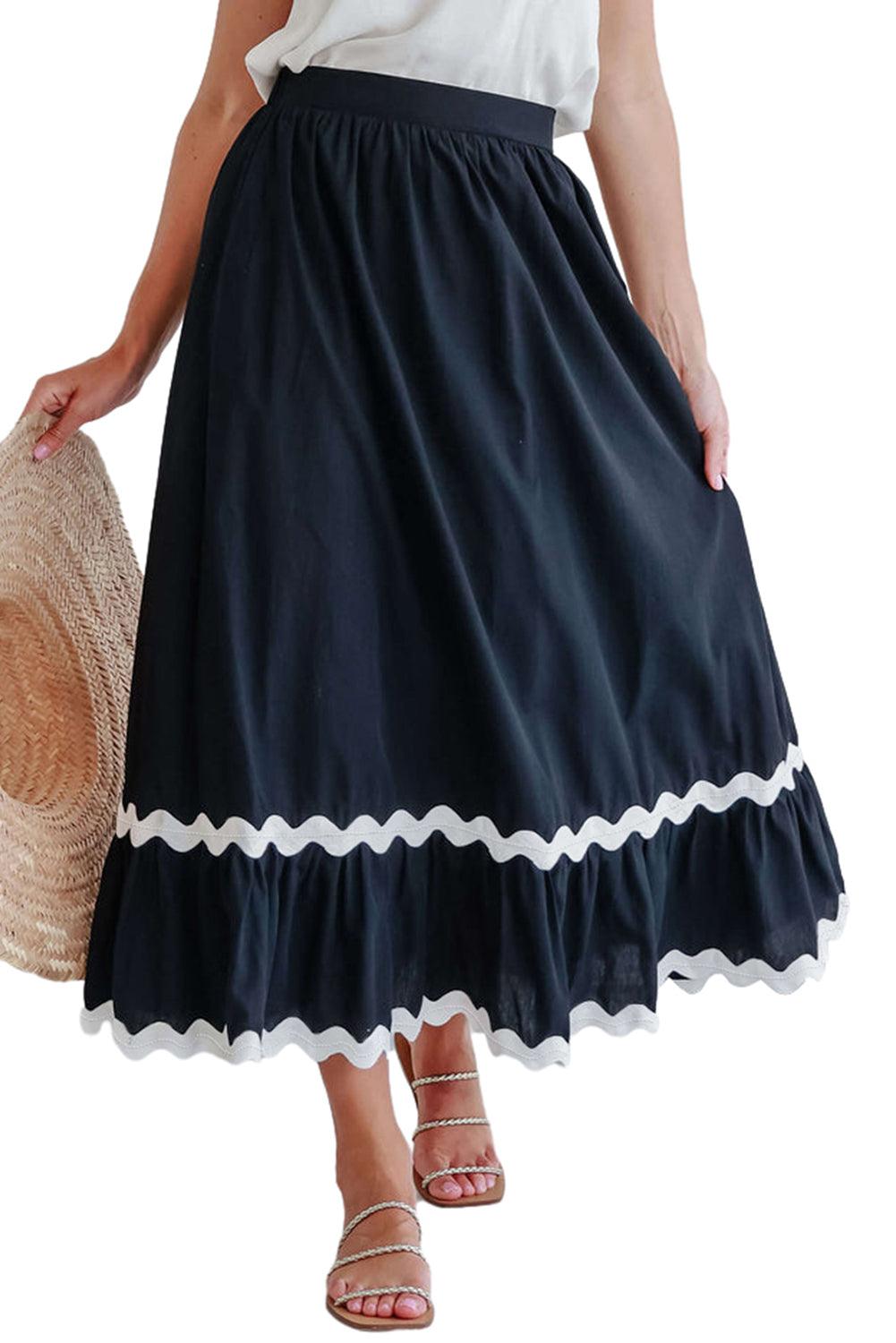 Black Ricrac Trim Colorblock High Waist Long Skirt - L & M Kee, LLC