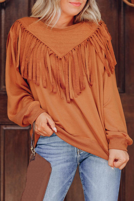 Brown Solid Color Chevron Fringe Loose Pullover Sweatshirt - L & M Kee, LLC