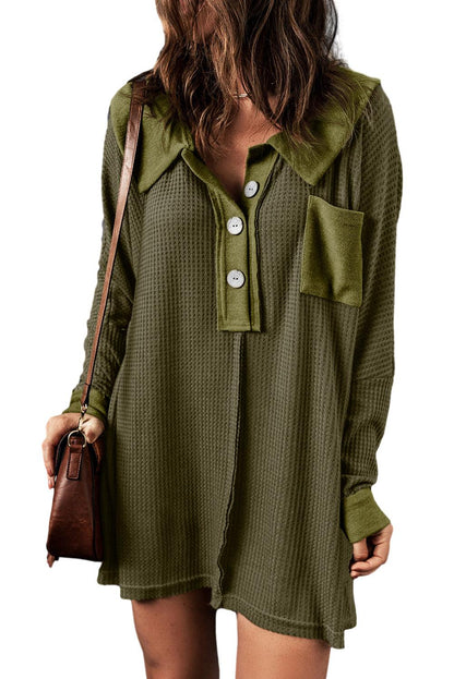 Brown Waffle Knit Buttoned Long Sleeve Top - L & M Kee, LLC