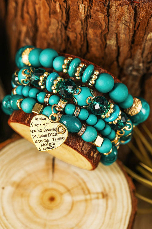 Turquoise Heart Shape Pendant Multi Layered Beaded Bracelet Set - L & M Kee, LLC