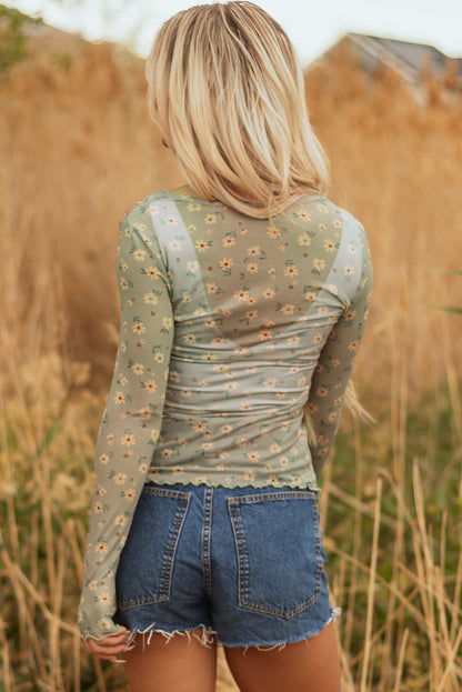 Pink Vintage Floral Print Southern Style Mesh Long Sleeve Top