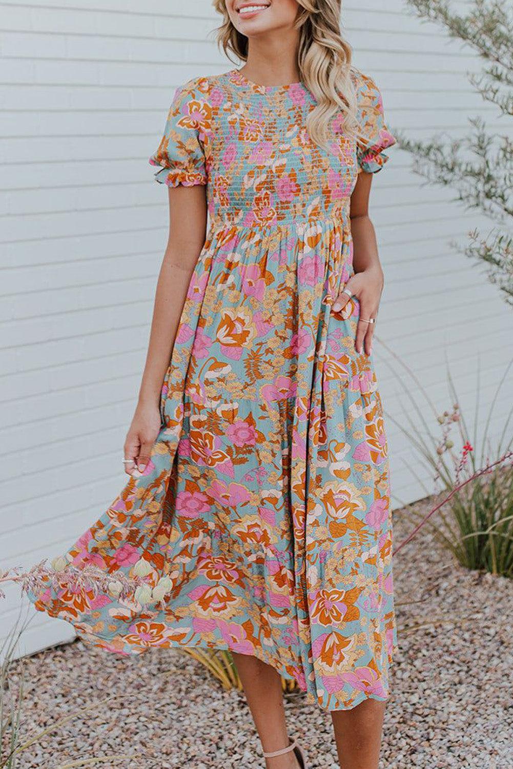 Boho Wide Sleeve Smocked Waist Floral Dress - L & M Kee, LLC