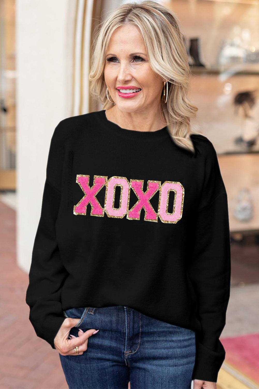 Black XOXO Glitter Print Round Neck Casual Sweater - L & M Kee, LLC