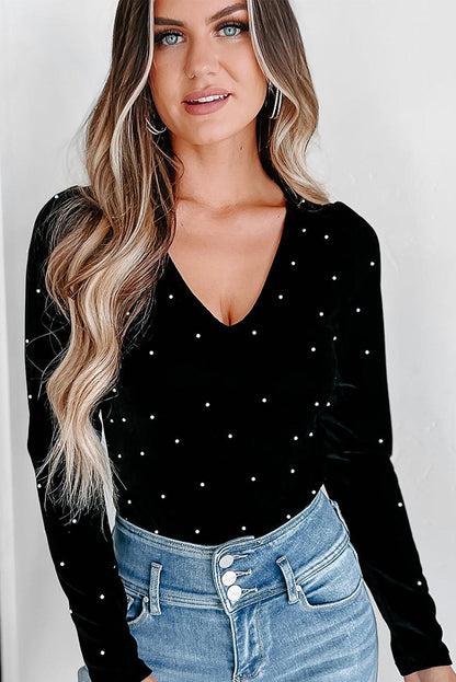 Black Velvet Beaded Long Sleeve V Neck Bodysuit - L & M Kee, LLC