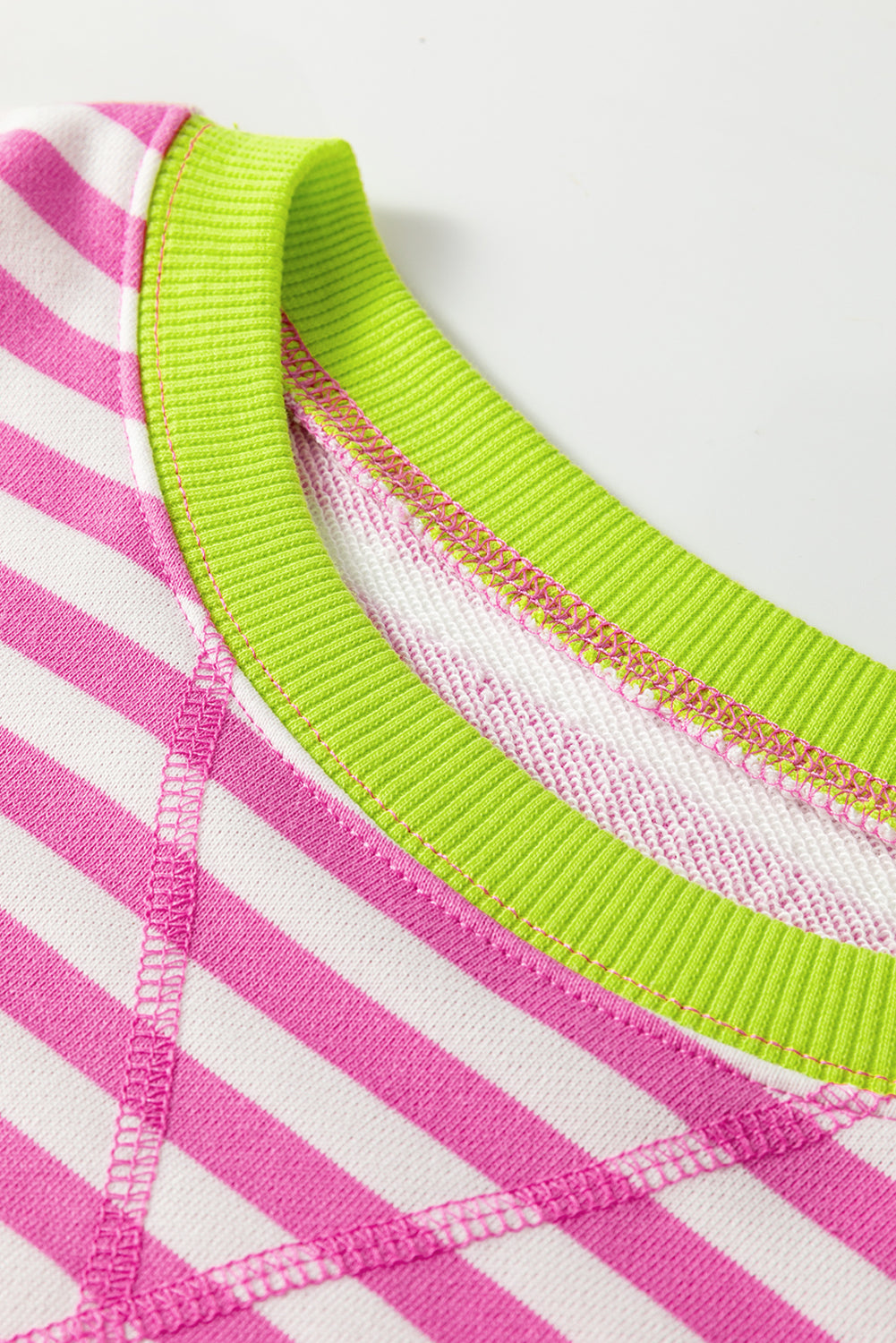 Rose Red Striped Contrast Ribbed Trim Crossed Stitch Drop Shoulder Sweatshirt