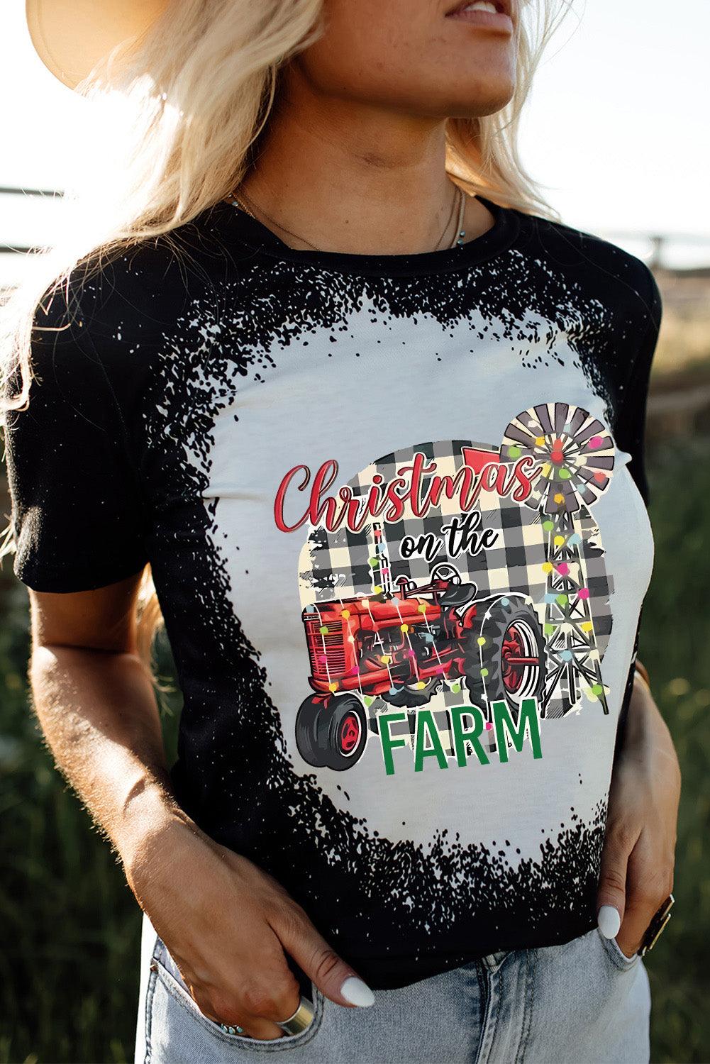 Black Christmas Farm Graphic Bleached T-shirt - L & M Kee, LLC