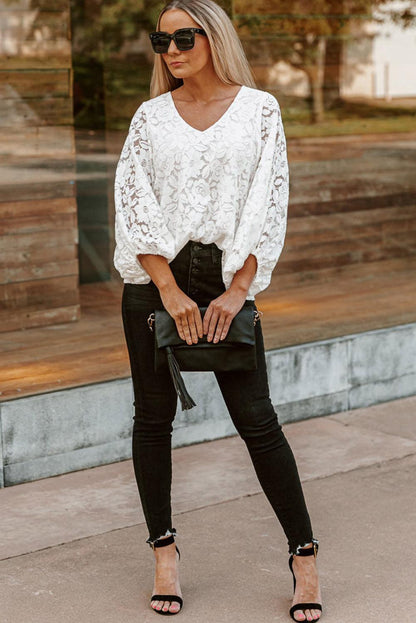 Floral Lace Crochet Loose Fit V Neck Top - L & M Kee, LLC