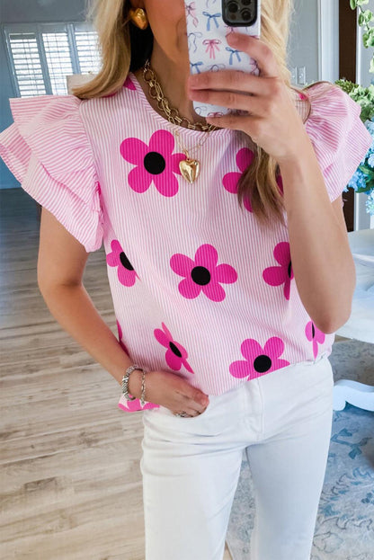 Pink Pinstripe Floral Print Ruffled Flutter Sleeve Blouse - L & M Kee, LLC