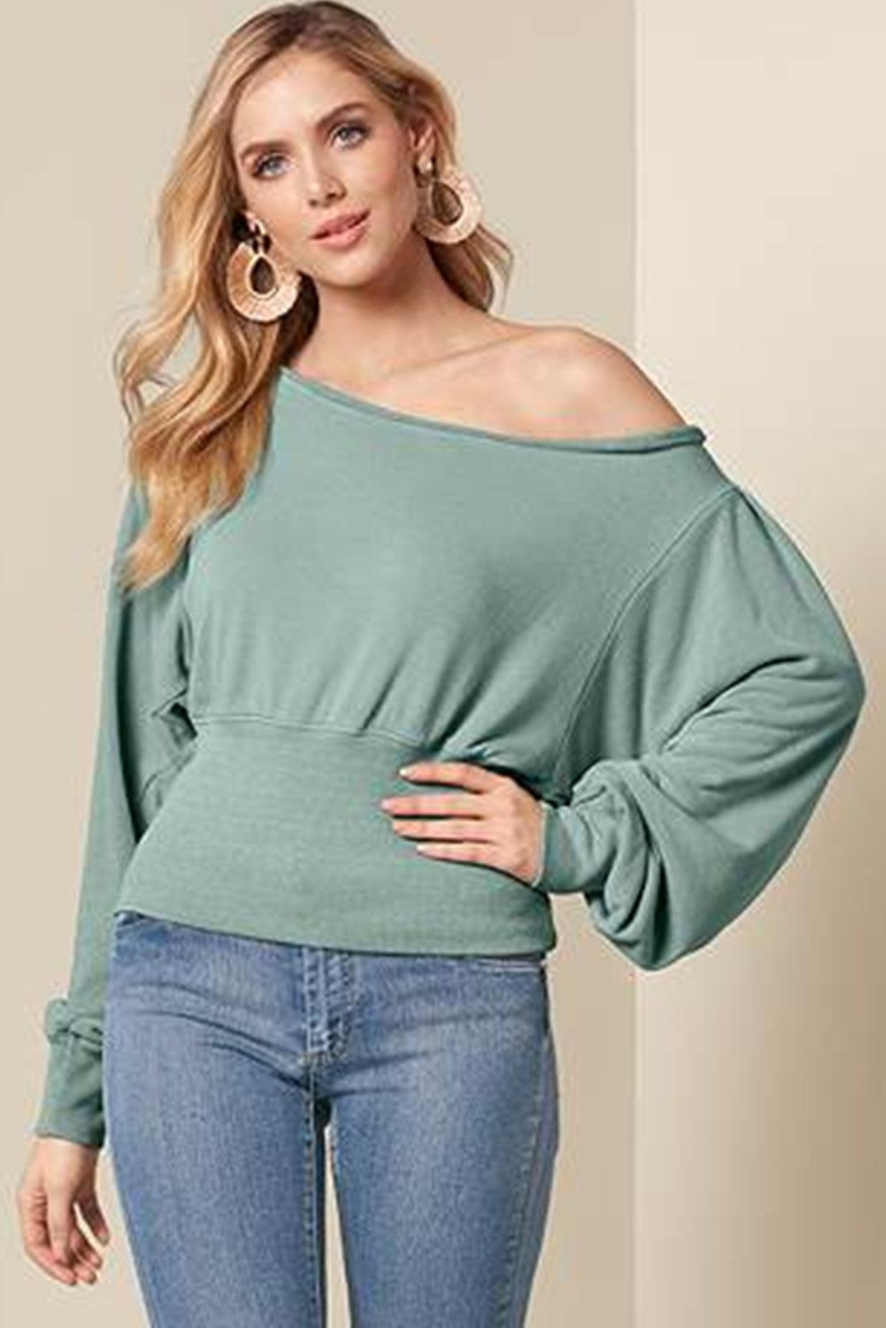 Green Off Shoulder Bishop Sleeve Cinched Waist Blouse - L & M Kee, LLC