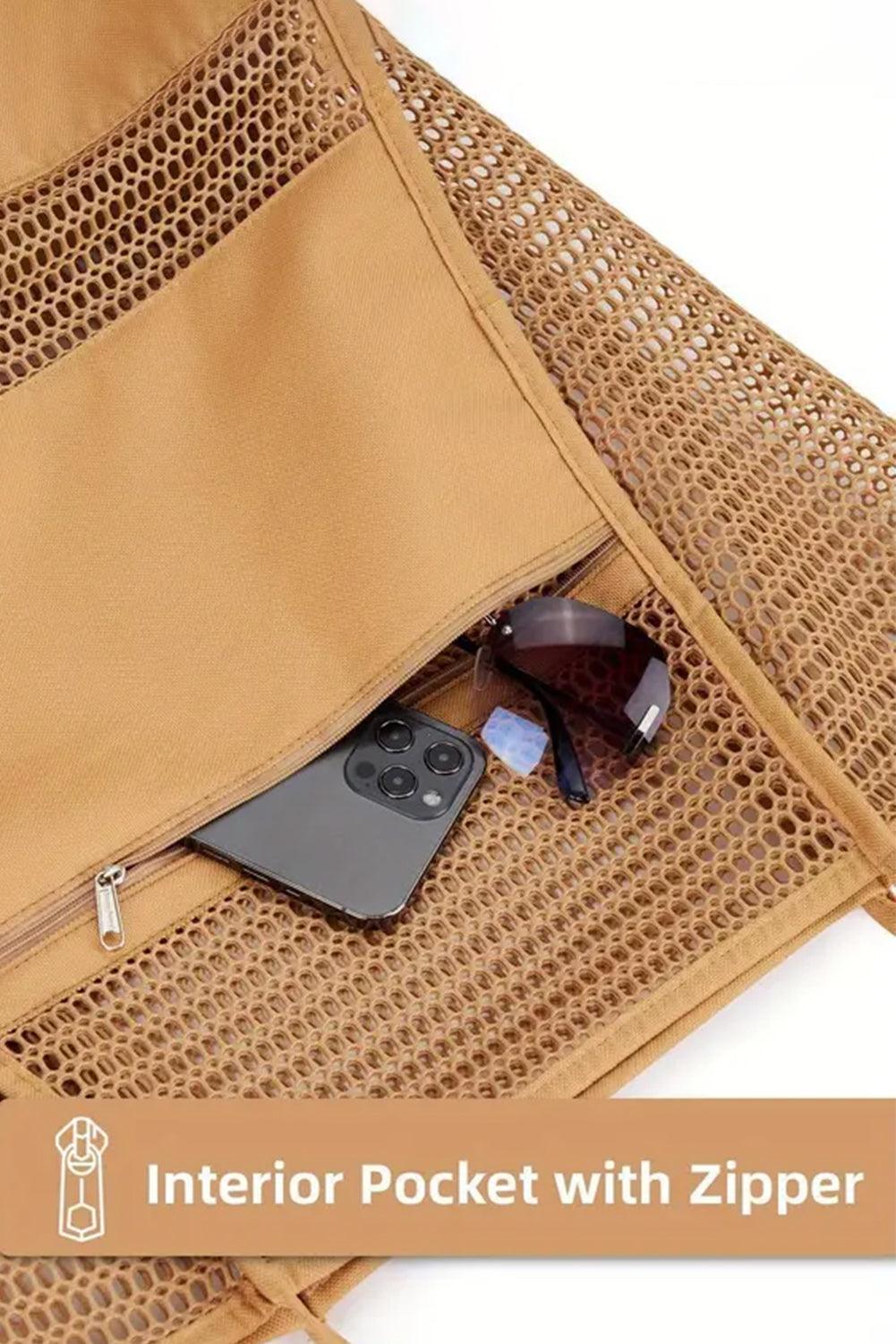 Light French Beige Hollowed Zipped Interior Pocket Nylon Tote Bag