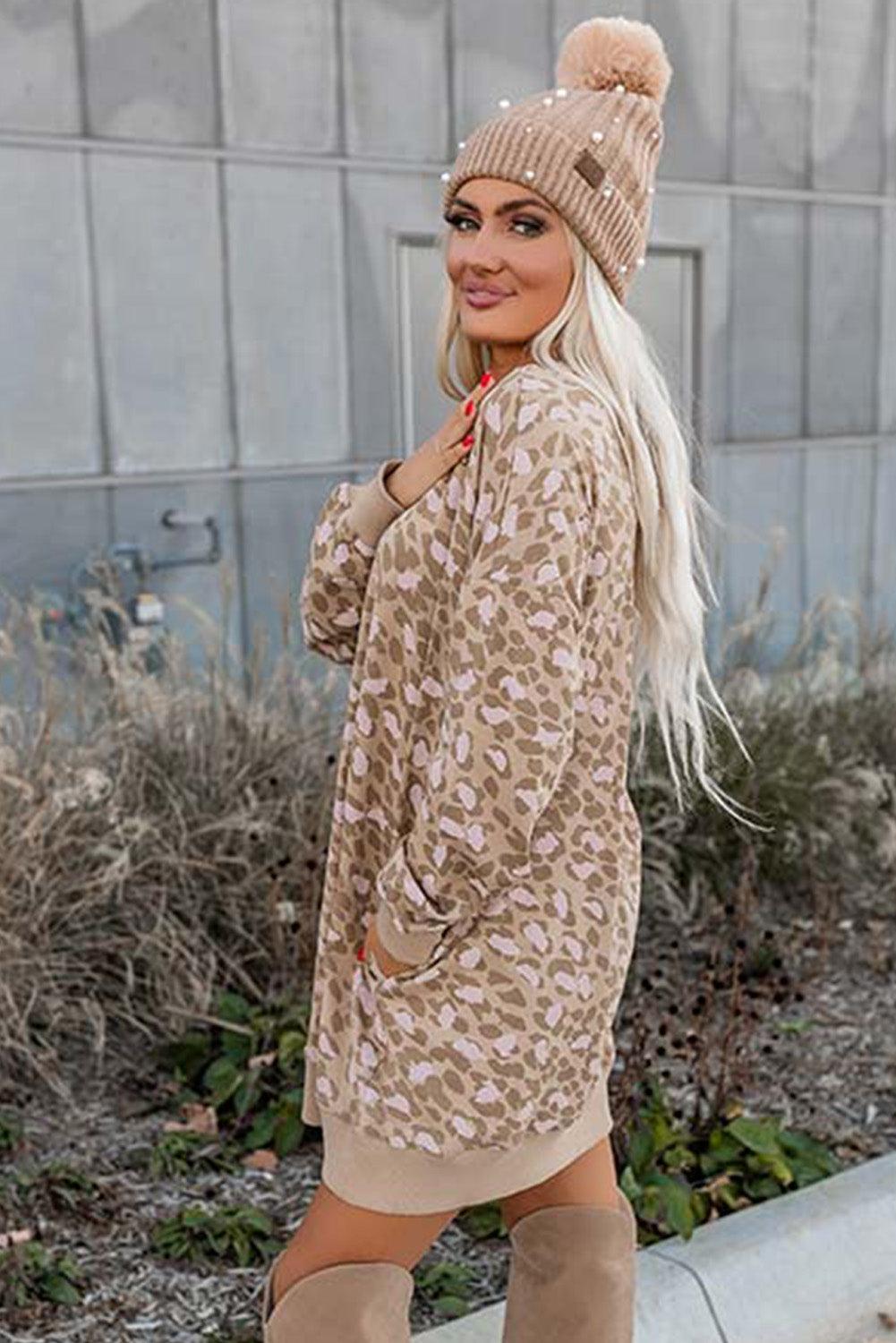 Parchment Leopard Print Side Pockets Long Sleeve Mini Dress - L & M Kee, LLC