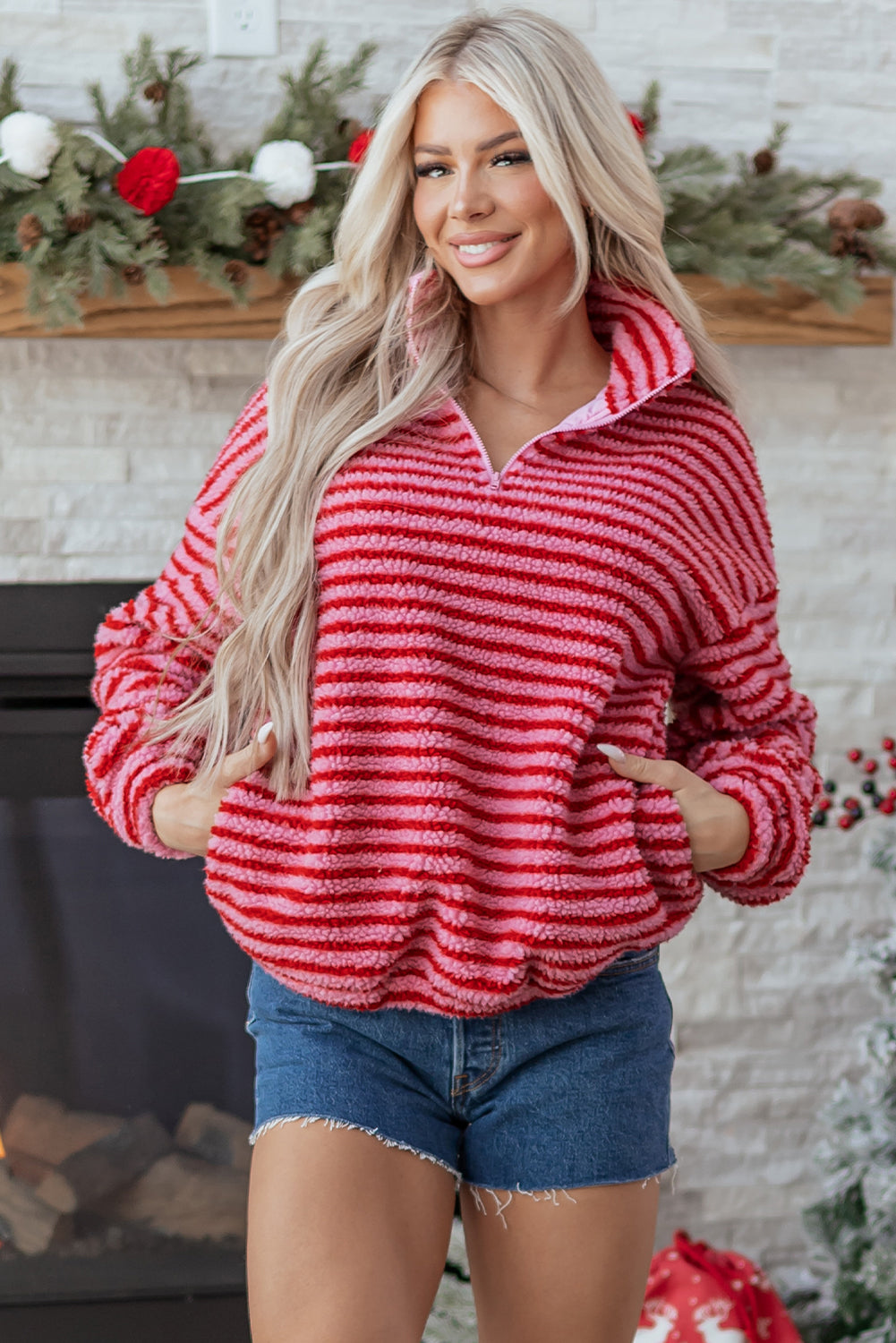 Pink Stripe Quarter Zip Fleece Oversize Sweatshirt