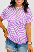 Purple Checkered Print Mock Neck Mesh T Shirt